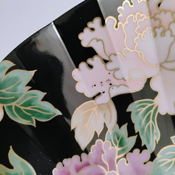 Fitz & Floyd Cloisonne Peony Black Porcelain Plate Fan Shaped Japan Ceramic Gold - Picture 3 of 9